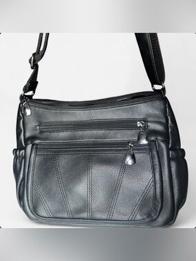 Black Pebbled Crossbody Bag with Silver Hardware